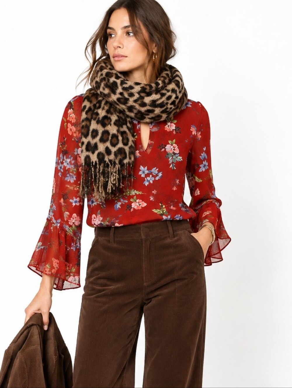 Cabi Red Floral Blouse Semi-sheer Long Sleeves 3590